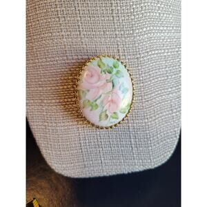 Floral Painted Ceramic Pendant Gold Tone Metal Trim/ Bone China